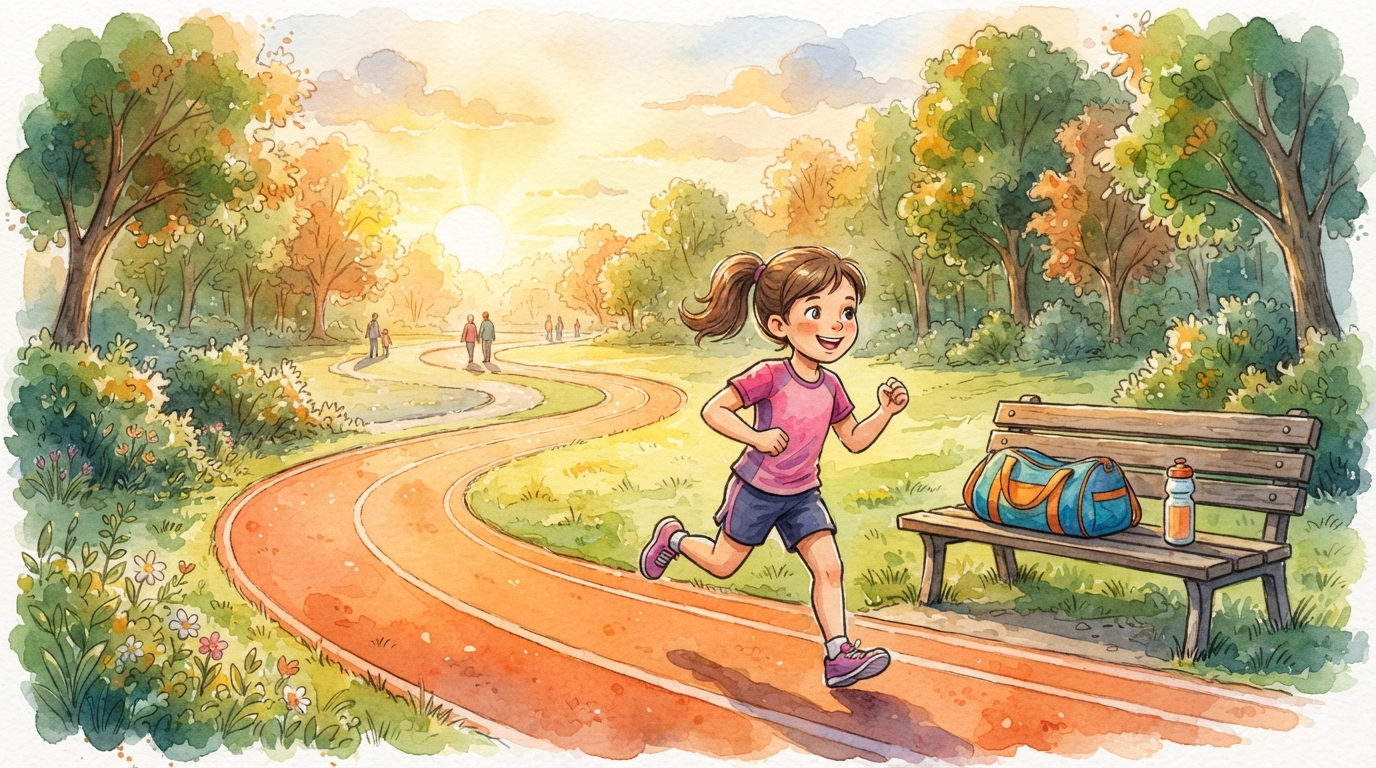 Une fillette en tenue de sport court sur une piste dans un parc au lever du soleil, avec un sac de sport et une bouteille d'eau posés sur un banc